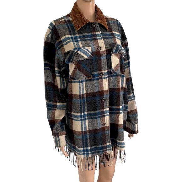 VTG Jordan & Cole USA Plaid Fringes Shacket Wool Blend L Western Barn Country - Picture 2 of 9
